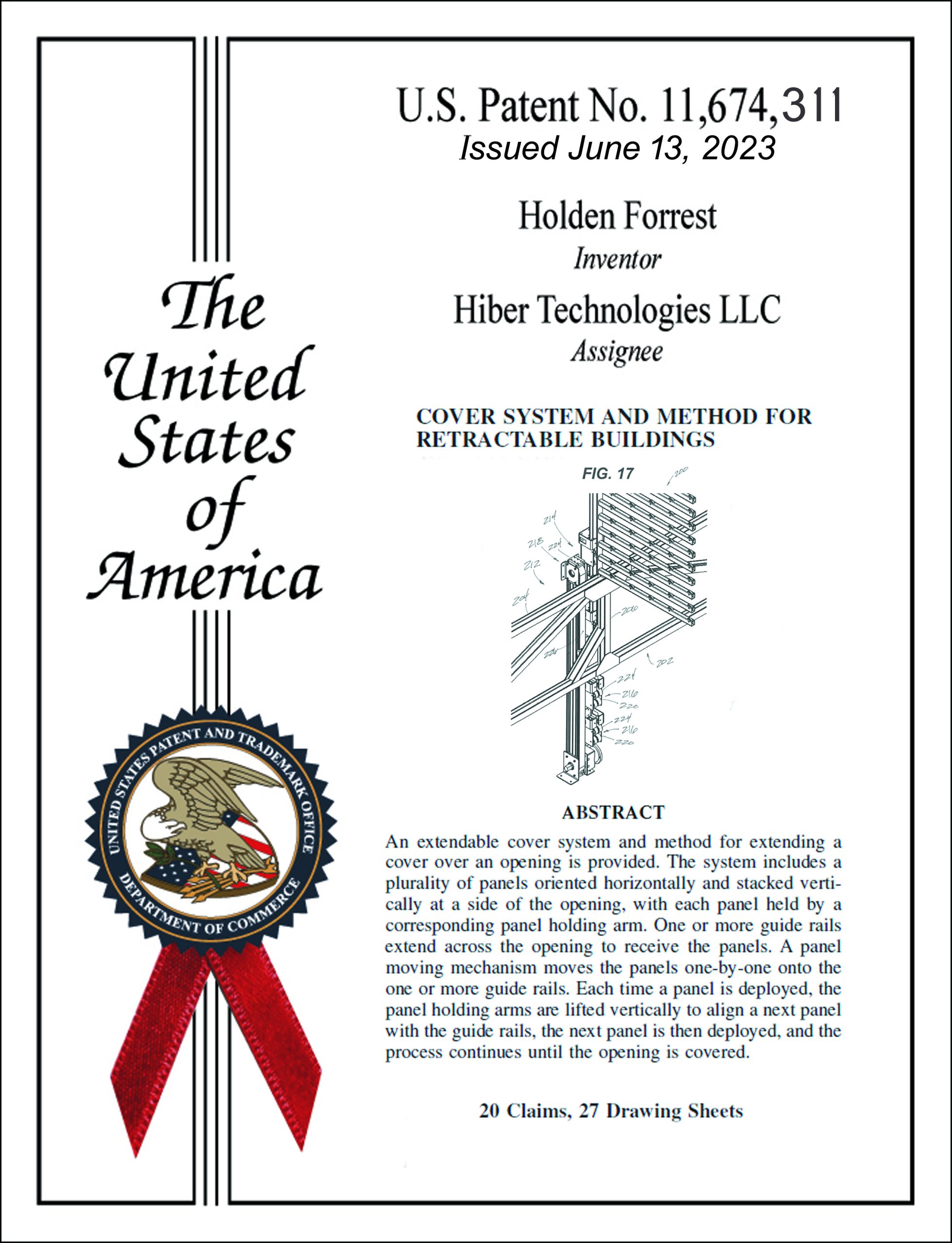 U.S. Patent No. 11,674,311 — Cover System and Method for Retractable Buildings